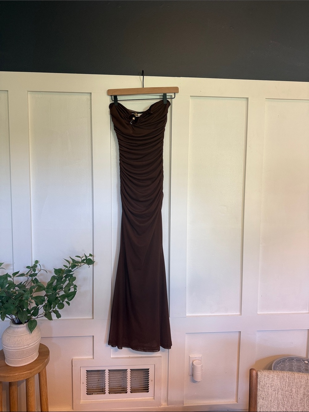 Altar'd State Strapless Chocolate Brown Ruched Evening Gown